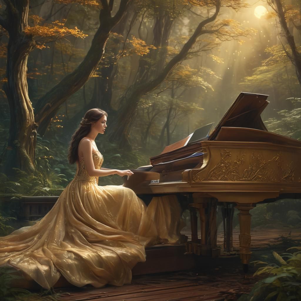 Woman Plays Piano in Whimsical Forest Painting