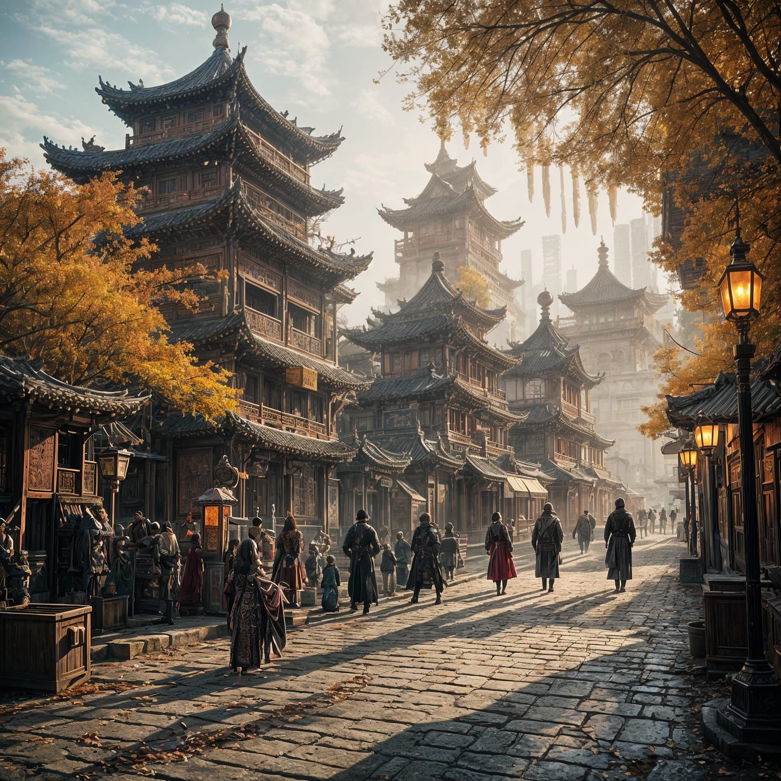 Ancient Chinese Steampunk City in Autumn