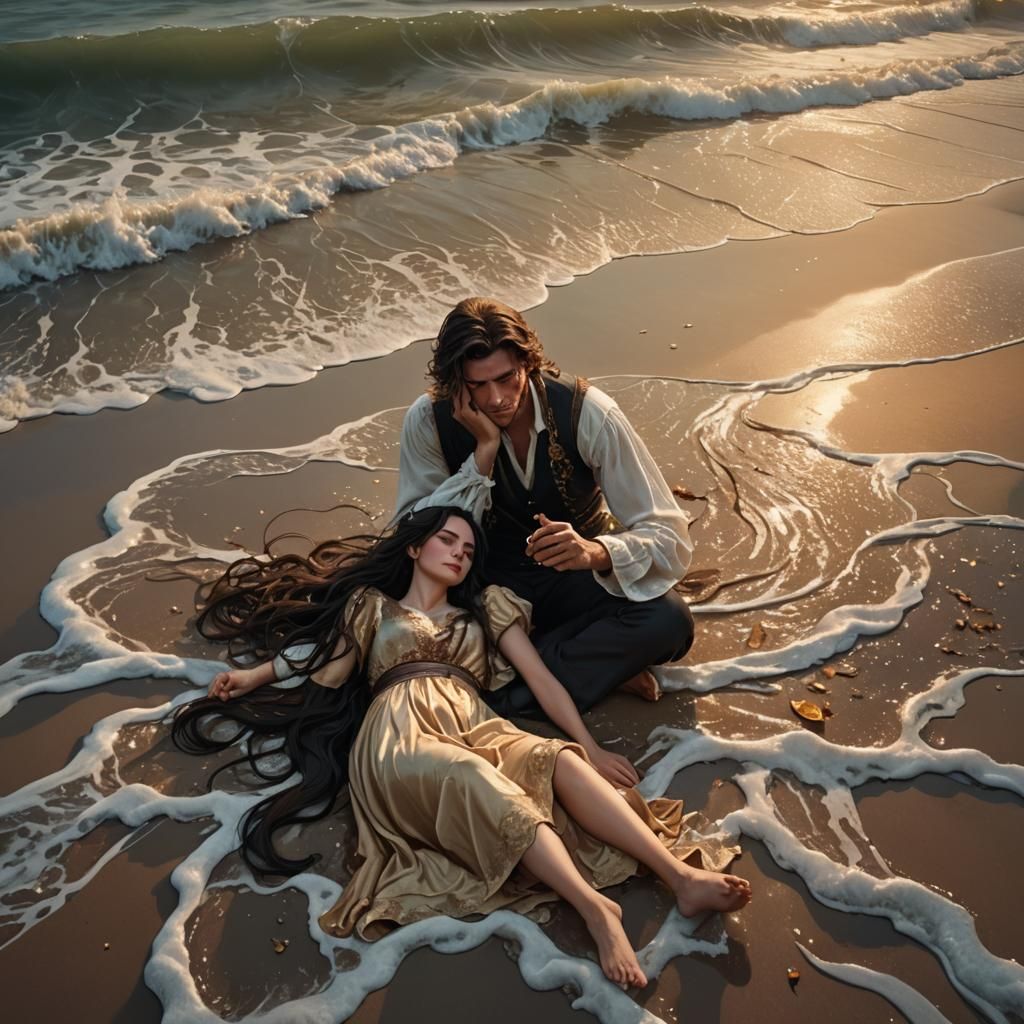 Fantasy Art: Man Comforts Girl by Sea