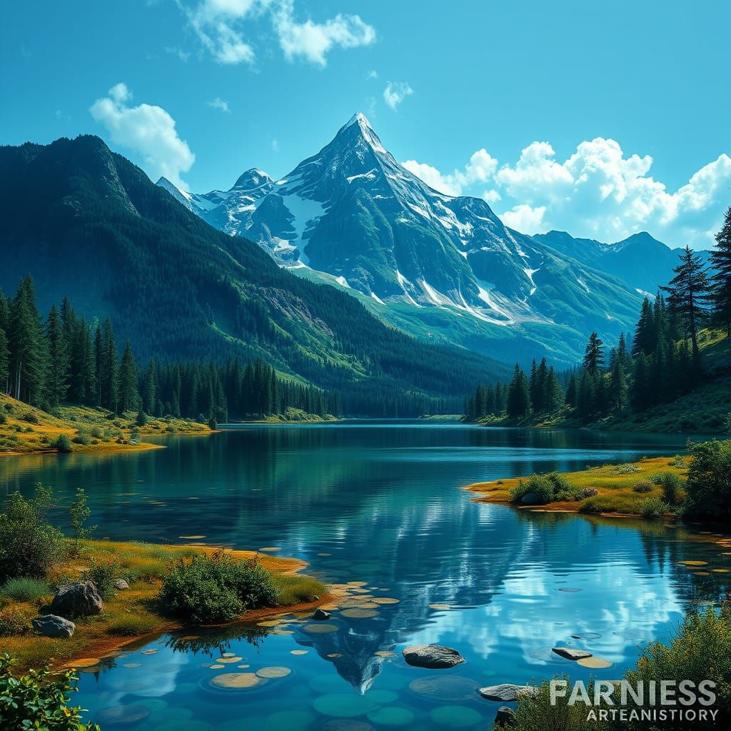 Majestic Mountain Lake in Lush Fantasy Landscape