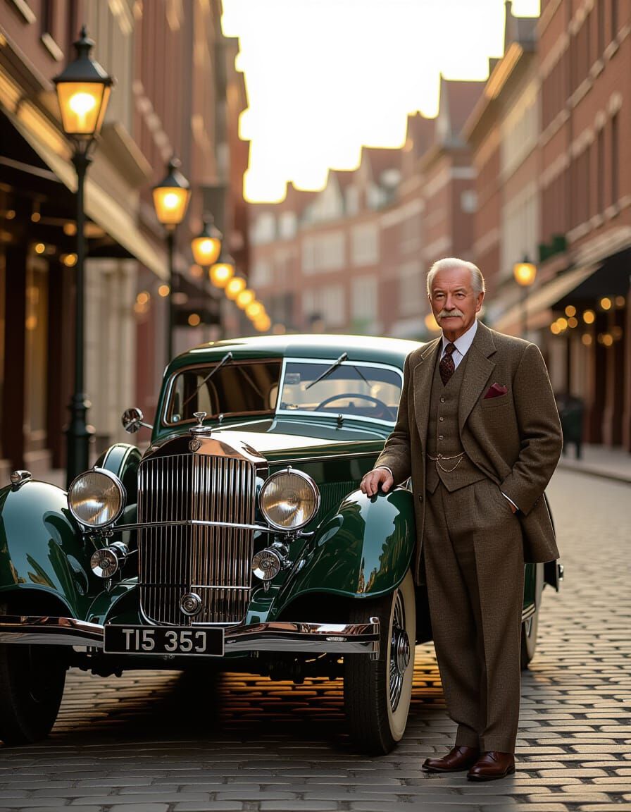 Gentleman Beside Vintage Car at Sunset