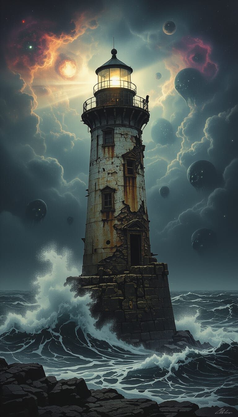 Cosmic Lighthouse in Dark Surrealism Style