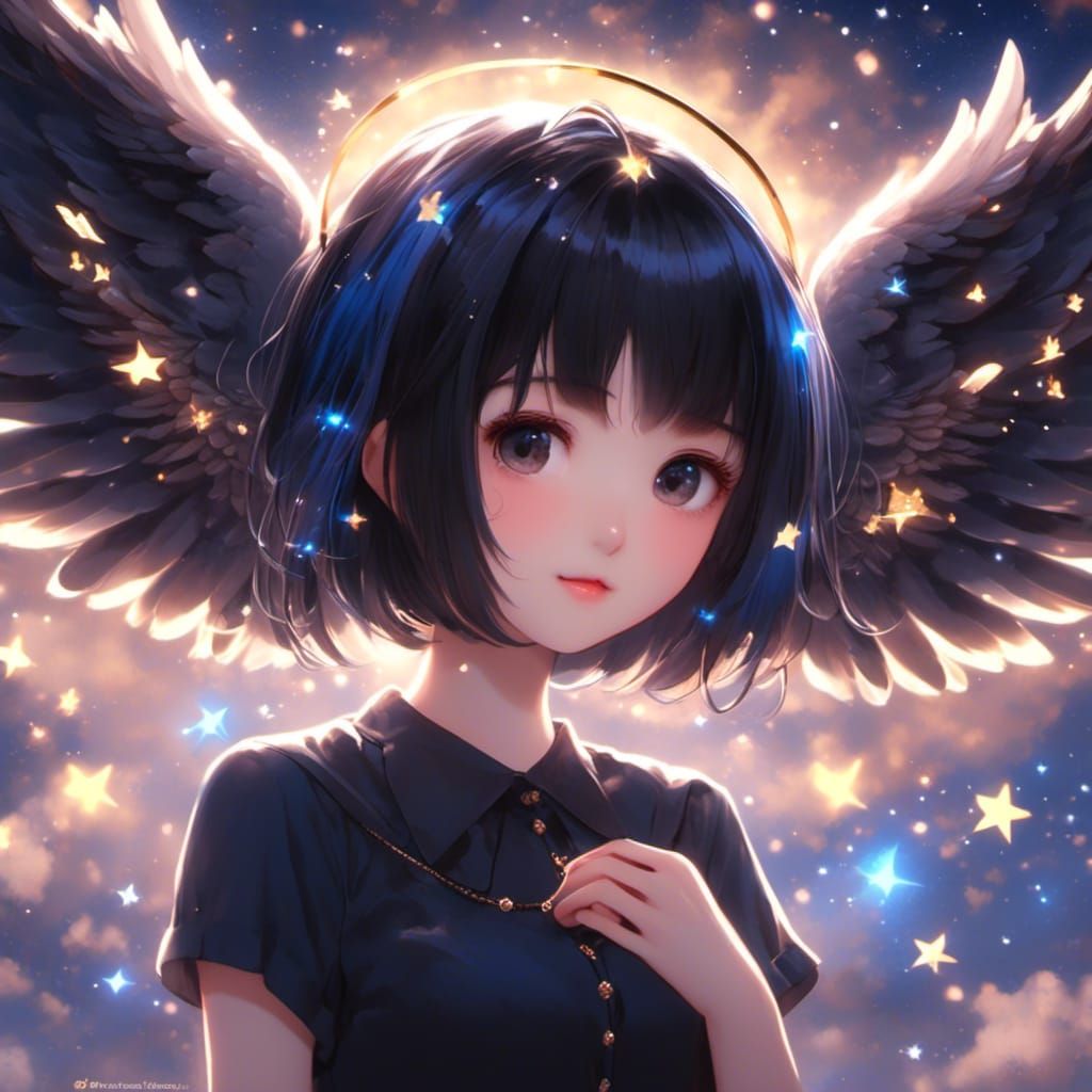 Anime Angel with Starry Night Background