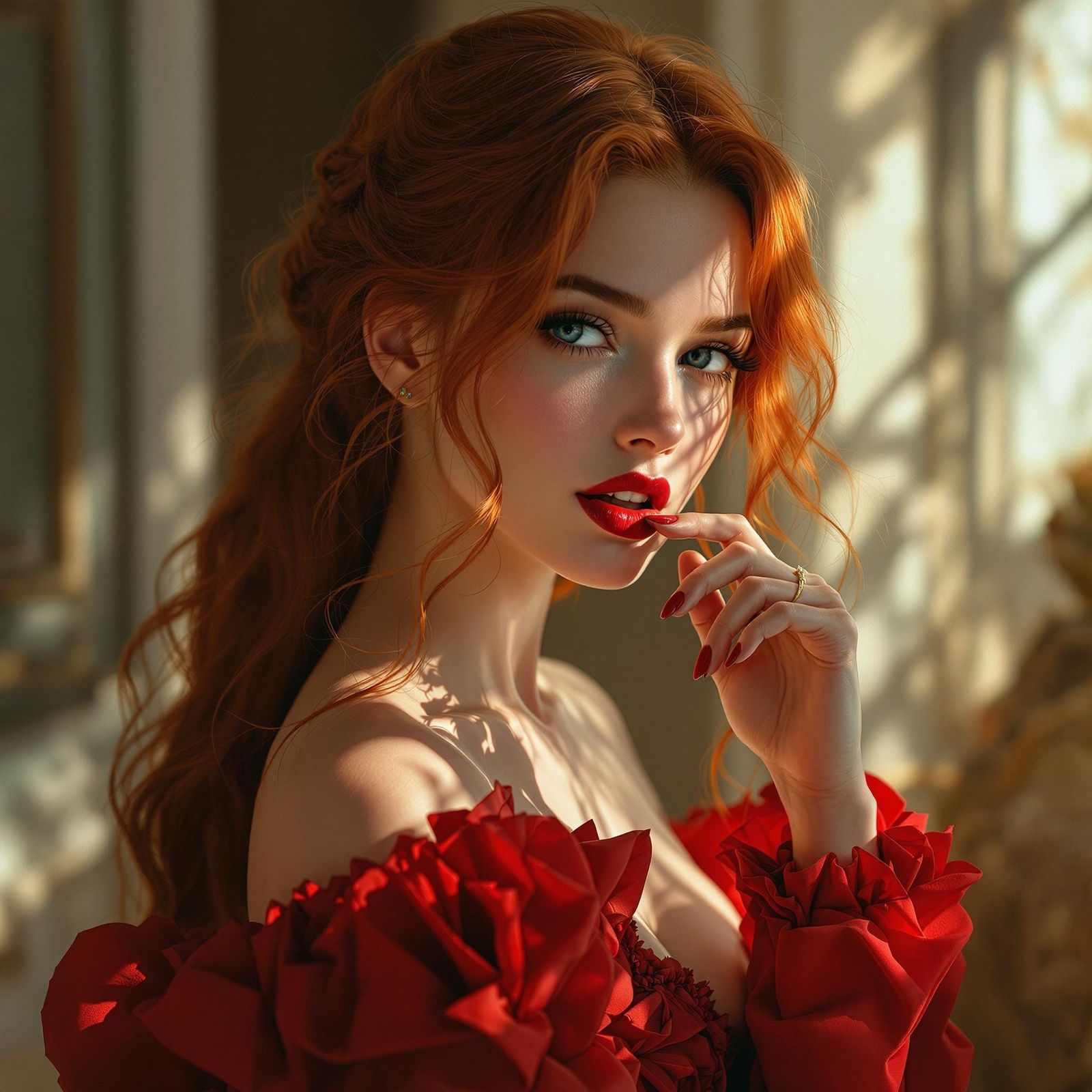 Elegant Lady in Red, Hyper-Realistic Portrait with Soft Ligh...