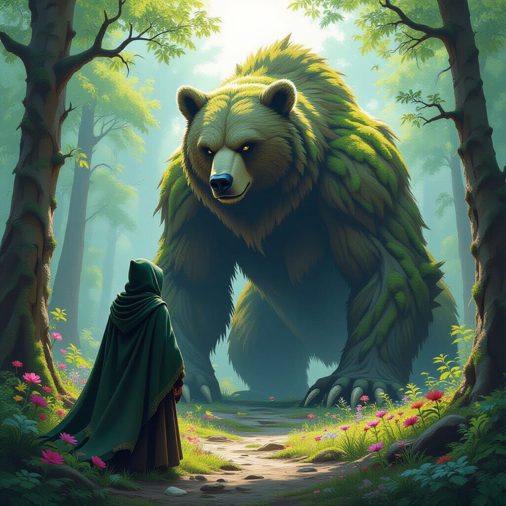 Druid and Bear Spirit in Mystical Forest