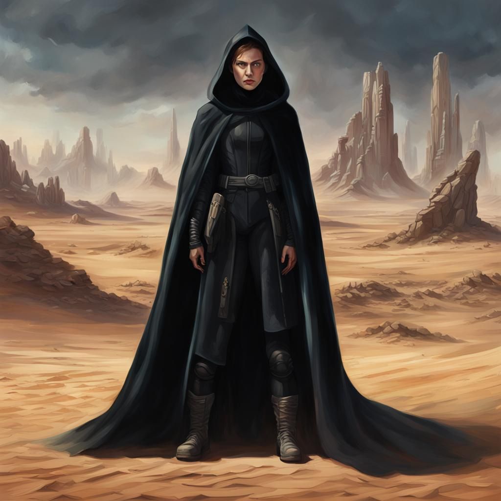 Angry Woman in Black Cloak on Desert Planet