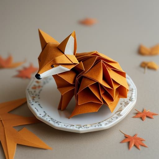 Cute Origami Fox Plays in Autumn Leaves