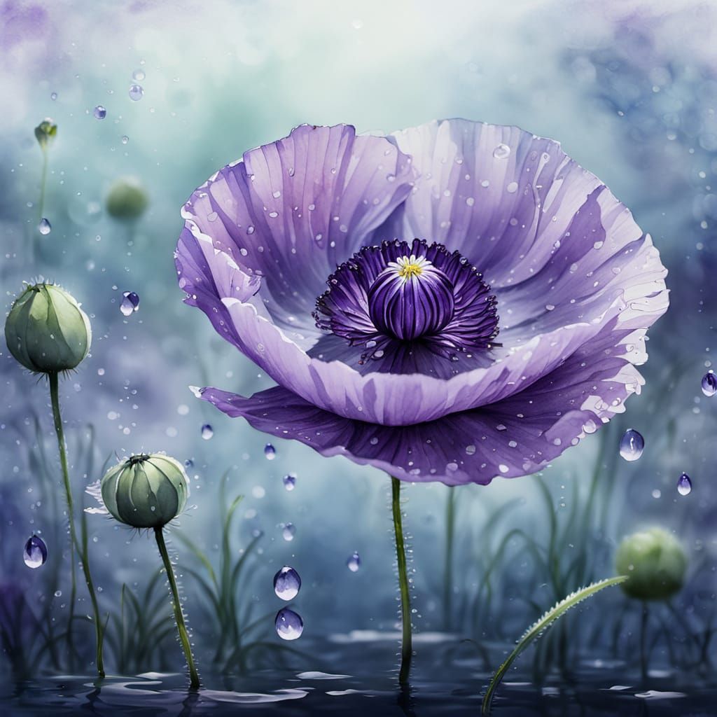Ethereal Watercolor Poppy in Moonlit Water
