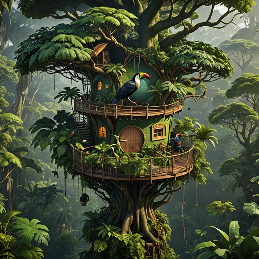 Tropical Rainforest Treehouse with Toucan, Detailed Matte Pa...