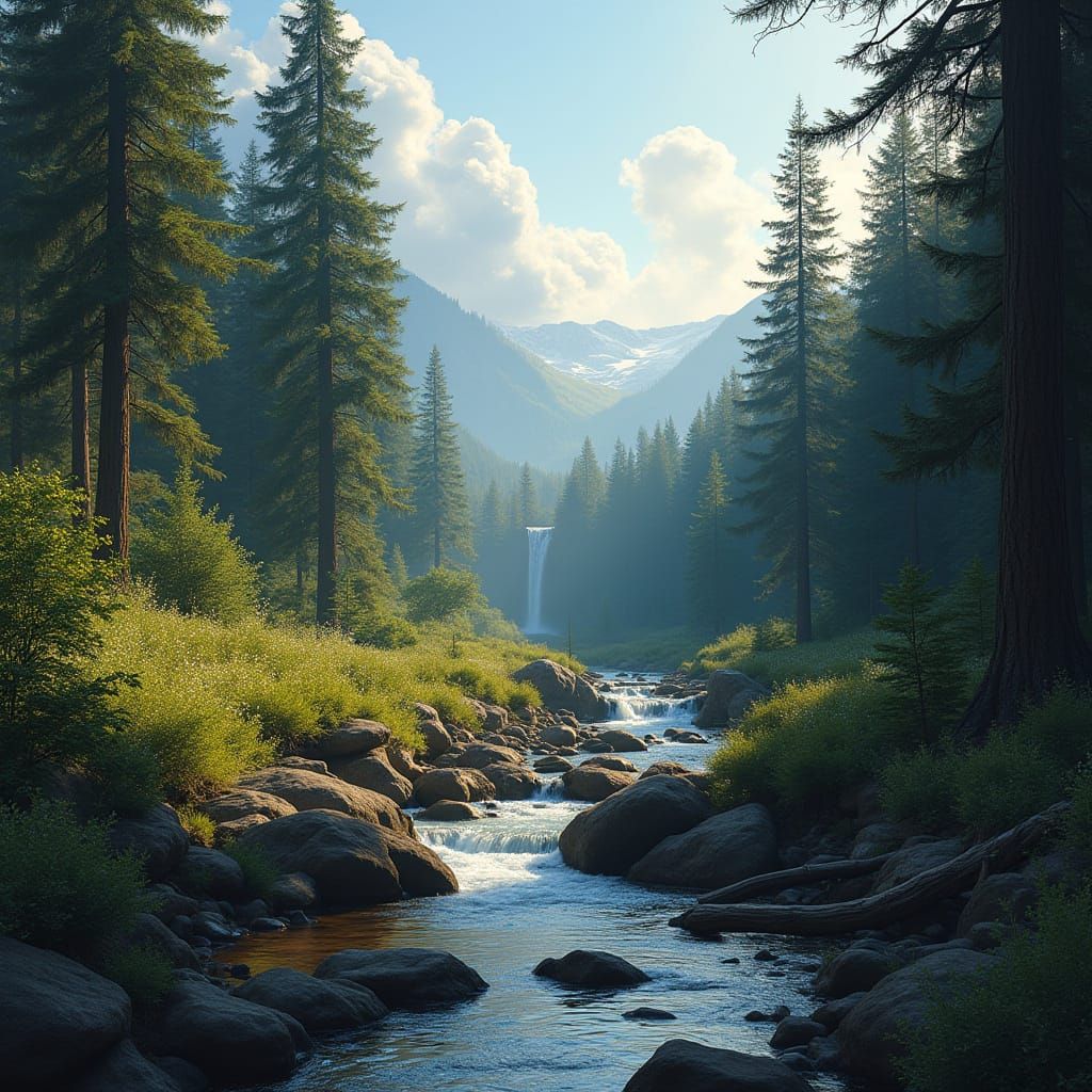 Golden Hour Forest Landscape with Waterfall