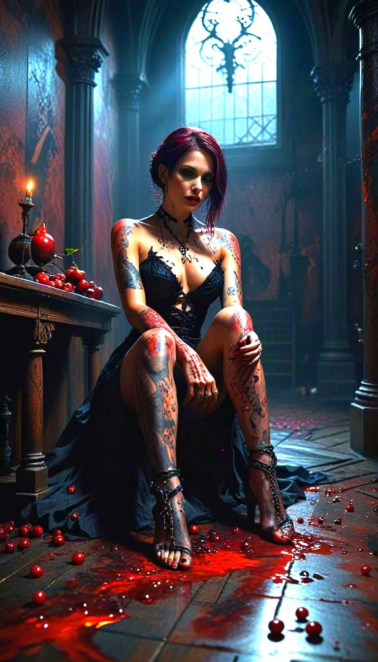 Gothic Woman in Ornate Chamber with Dramatic Lighting