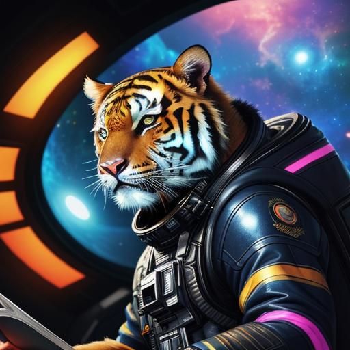Psychedelic Cosmic Tiger Reading in a Spacesuit