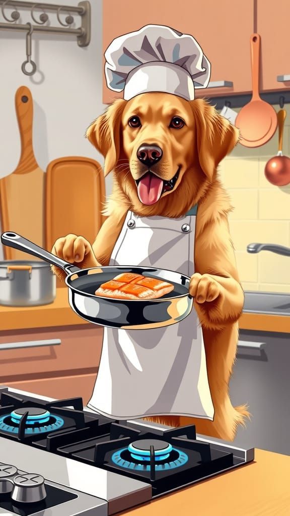 Golden Retriever Chef Expertly Flips Fish in Bright Kitchen