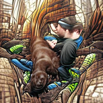 Ruby the dog with Dark Brown hair she is a labrador retriever and Joshua ray harvey is a male human 6 foot 2 with medium...