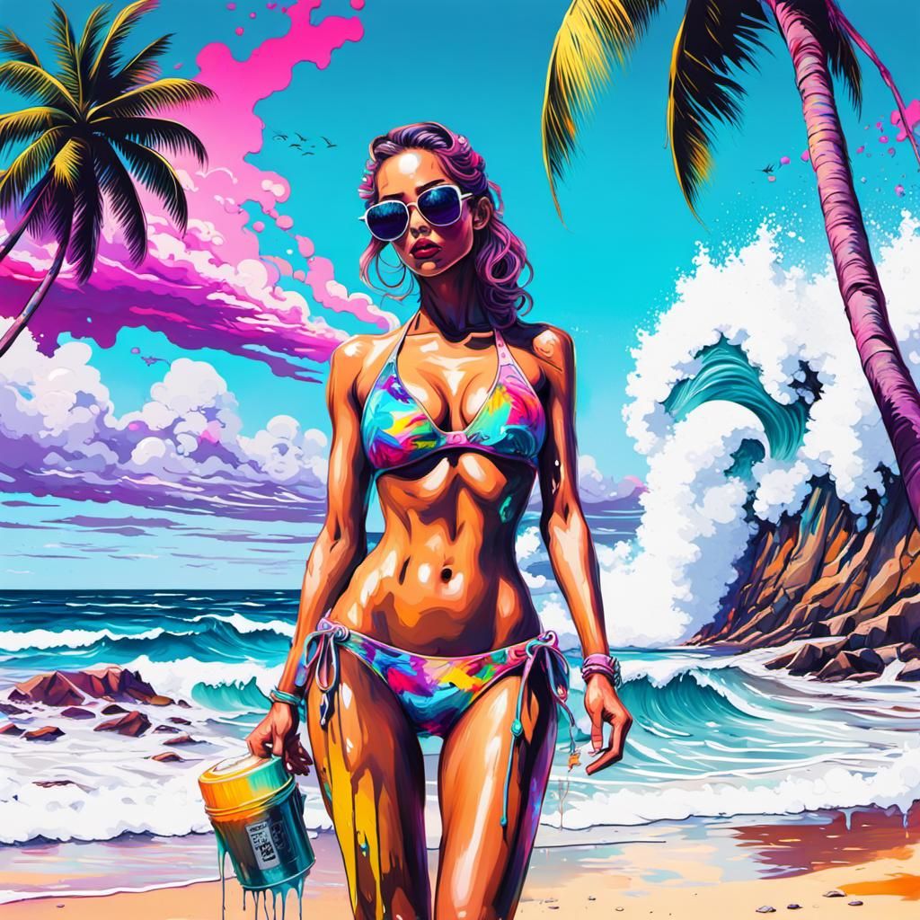 Vaporwave Bikini Girl on Tropical Beach