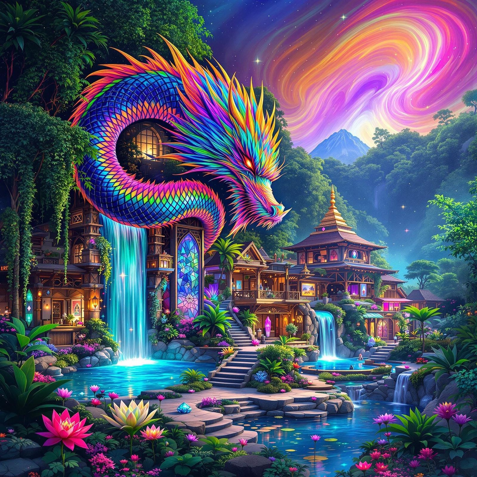 Lush Balinese Village Scene with Majestic Dragon and Vibrant...