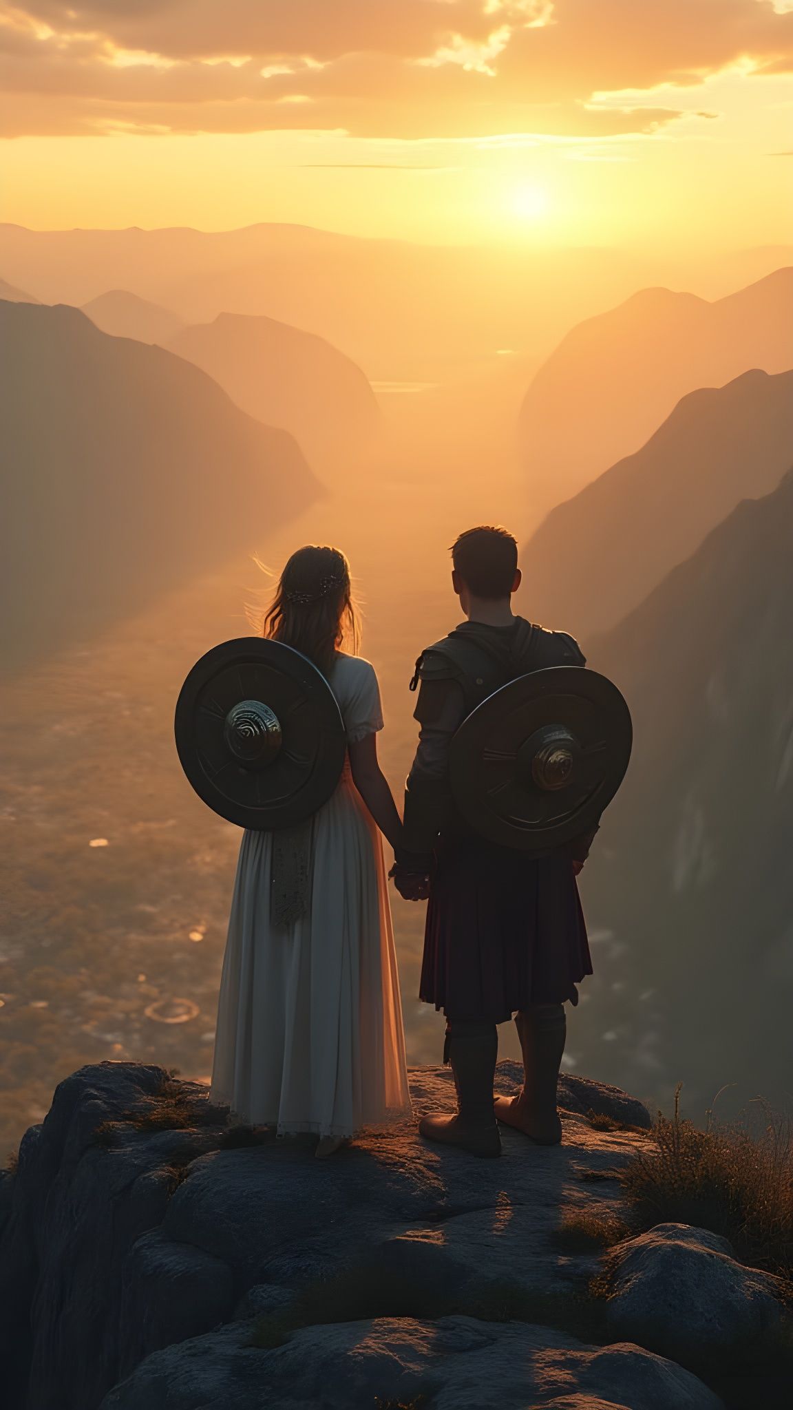 Shieldmaiden and Warrior Discover Nordic Land at Dawn