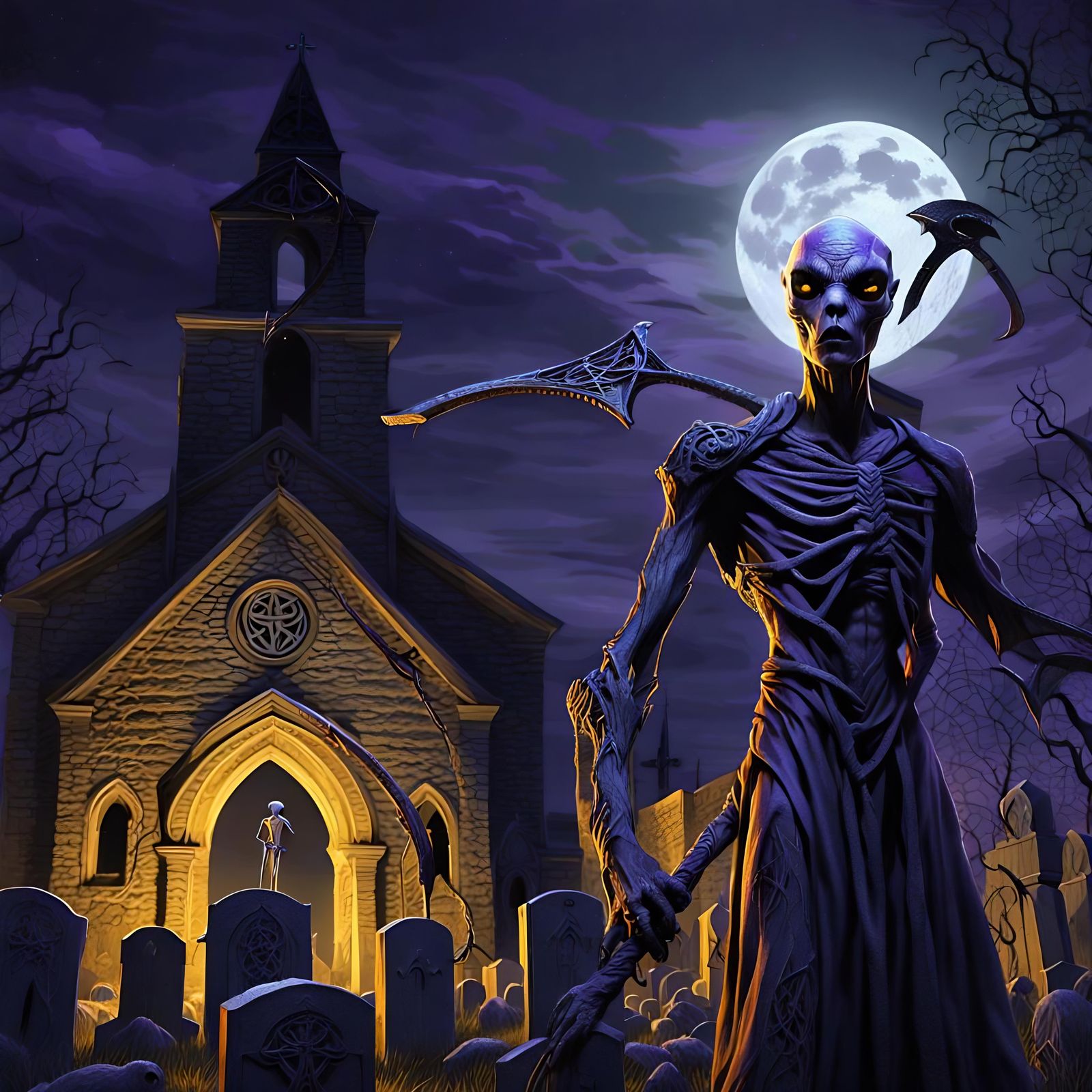 Alien Grim Reaper in Celtic Graveyard, Dark Fantasy