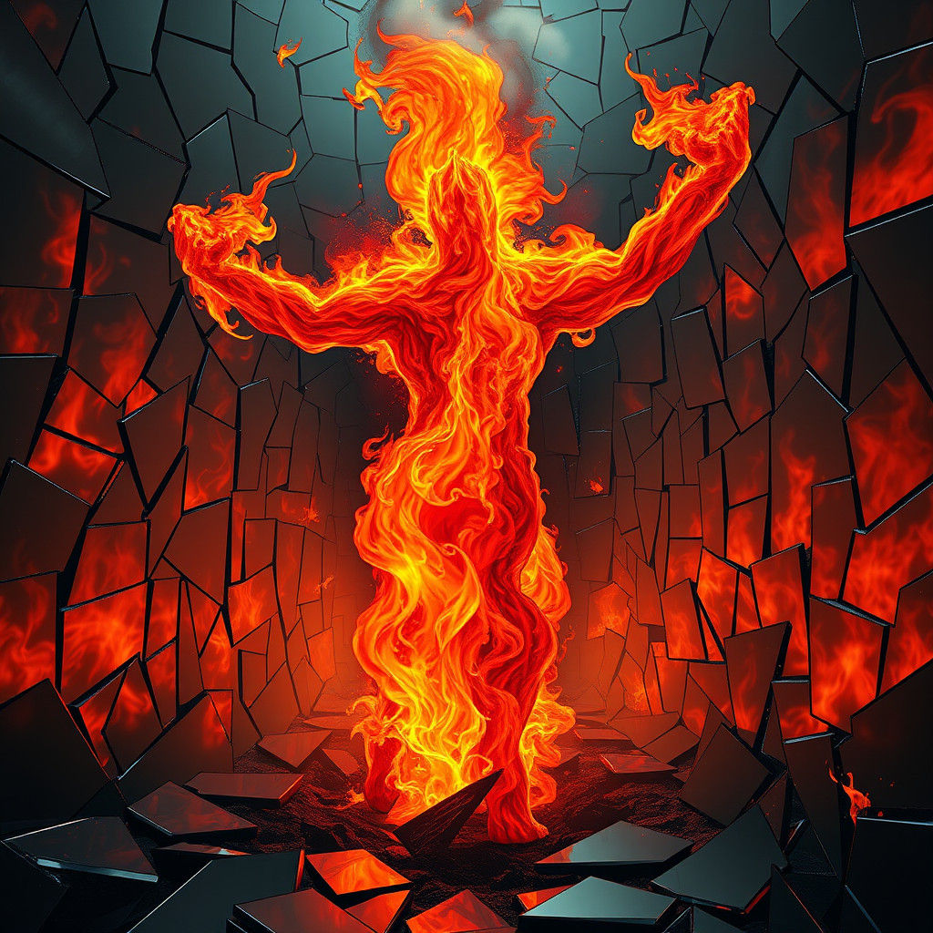 Flame Elemental in Shattered Mirror Maze, Expressive Art
