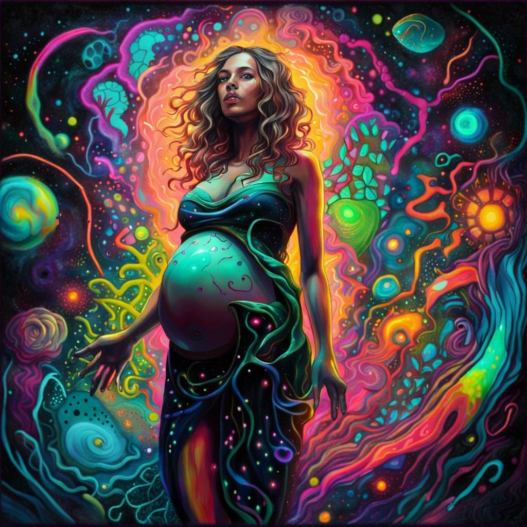 Pregnant Woman with Glowing Lifeform in Psychedelic Cosmic A...