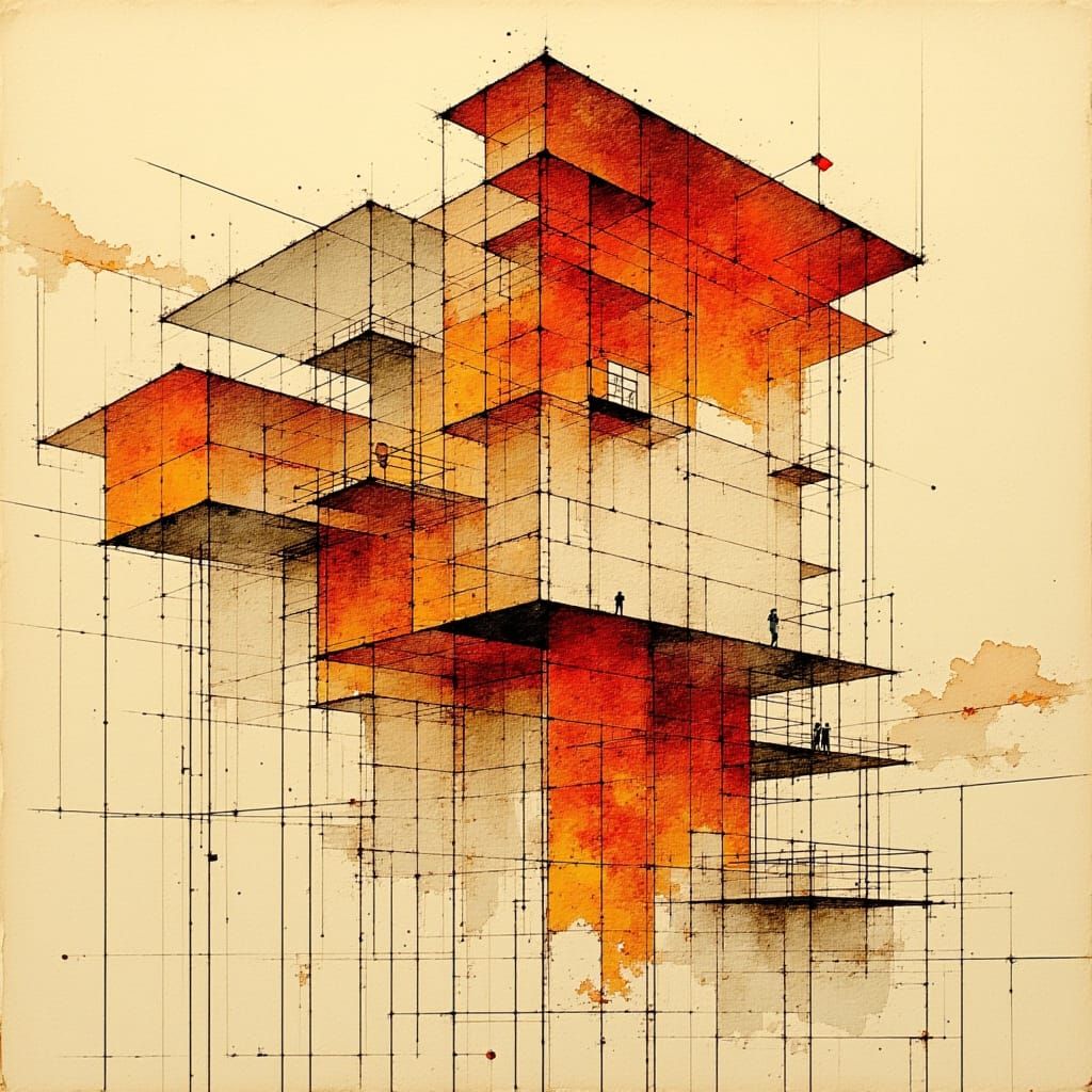 Surrealist Architectural Visions in Copper and Scarlet