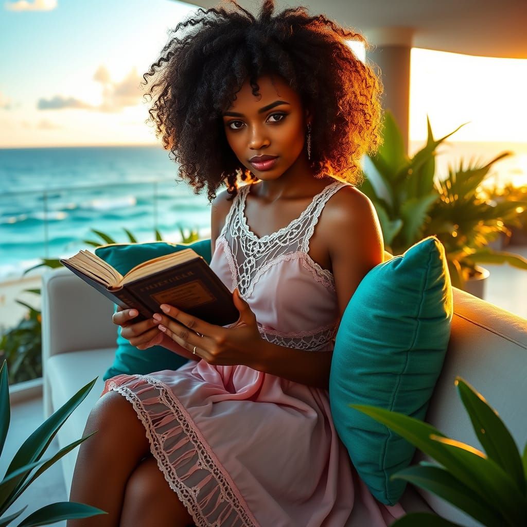 Surreal Brazilian Woman Reads Book on Oceanfront Balcony