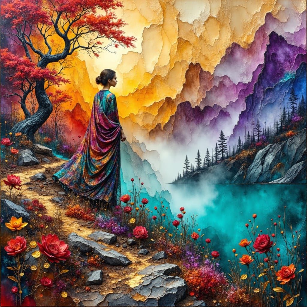 Misty Mountain Retreat in Vibrant Oil Painting Style