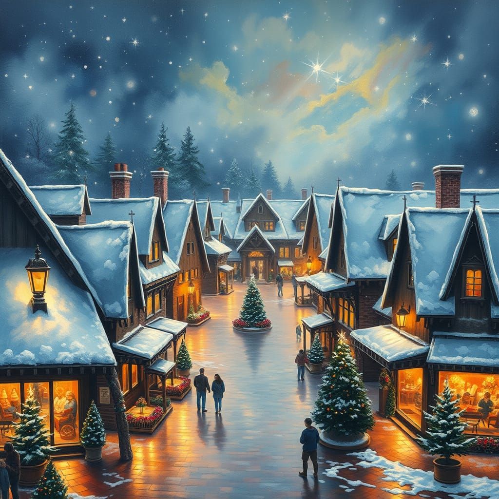 Snowy Town Square in Neo-Impressionistic Style