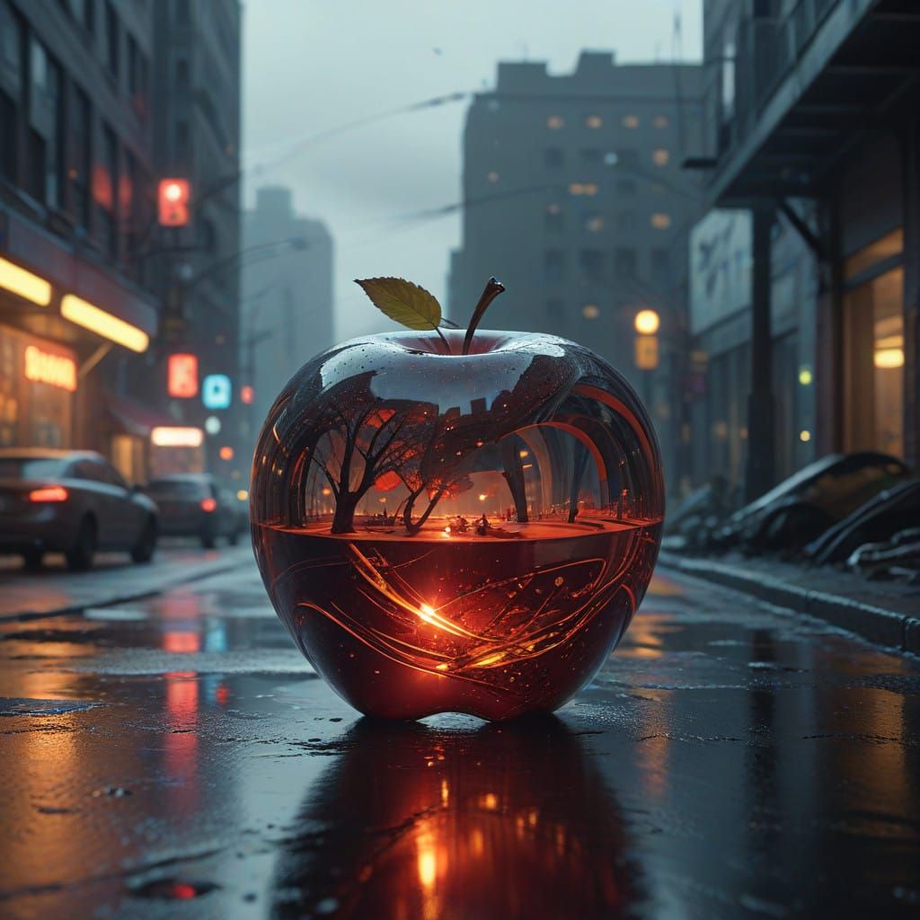 Glittering, Futuristic Red Apple in Dystopian Ambiance
