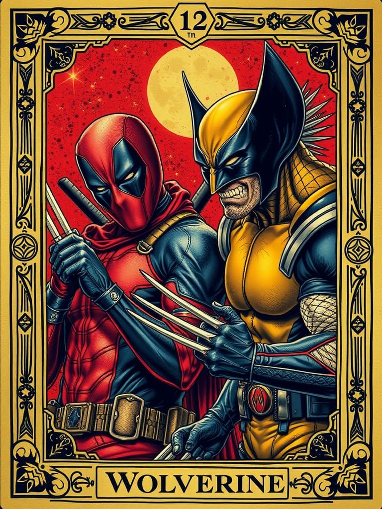 Deadpool and Wolverine as Fantasy Tarot Cards