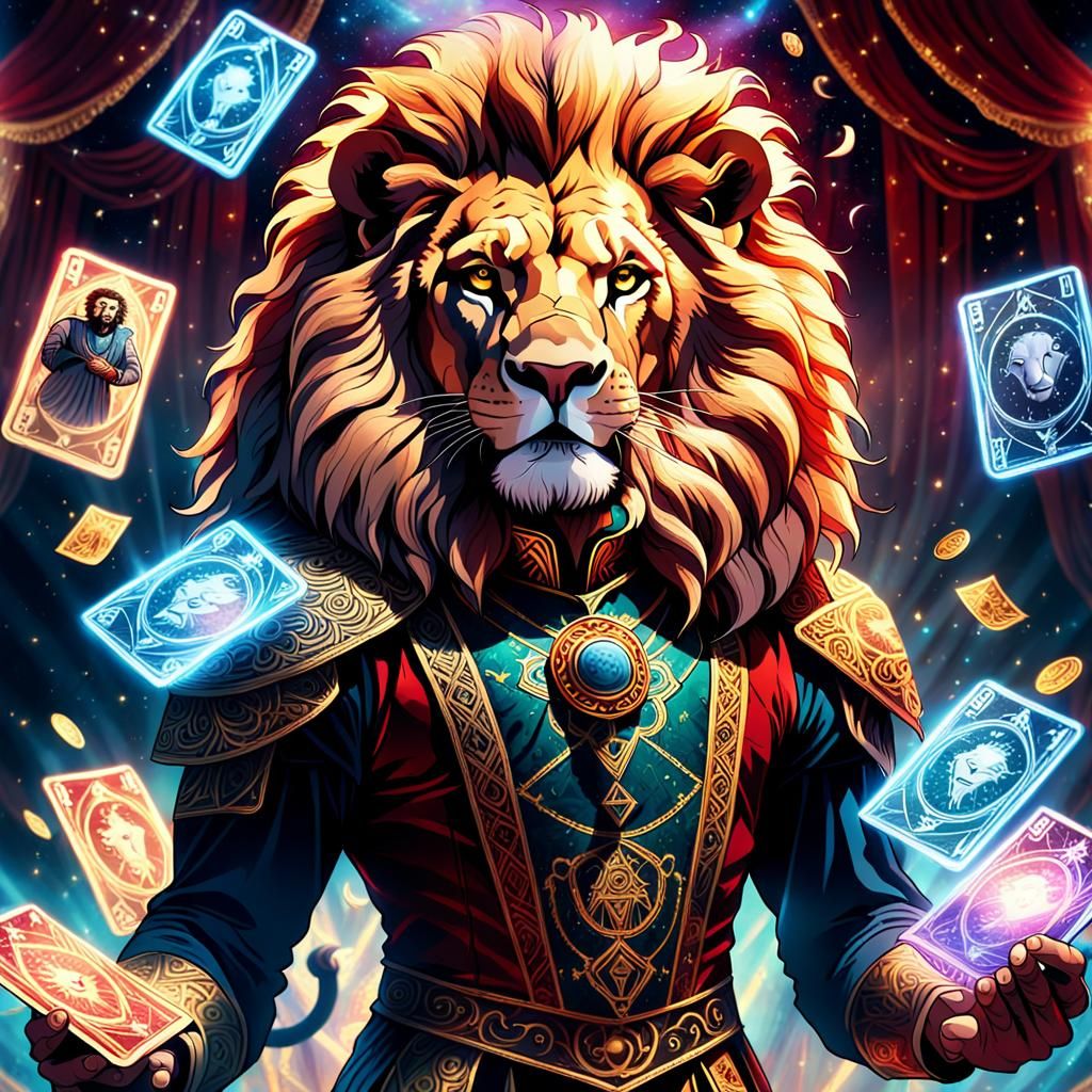 Lion Tamer in Mystical Circus with Tarot Cards