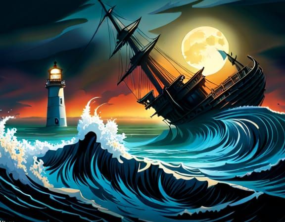 Pirate Ship Wrecked in Storm, Dramatic Lighting