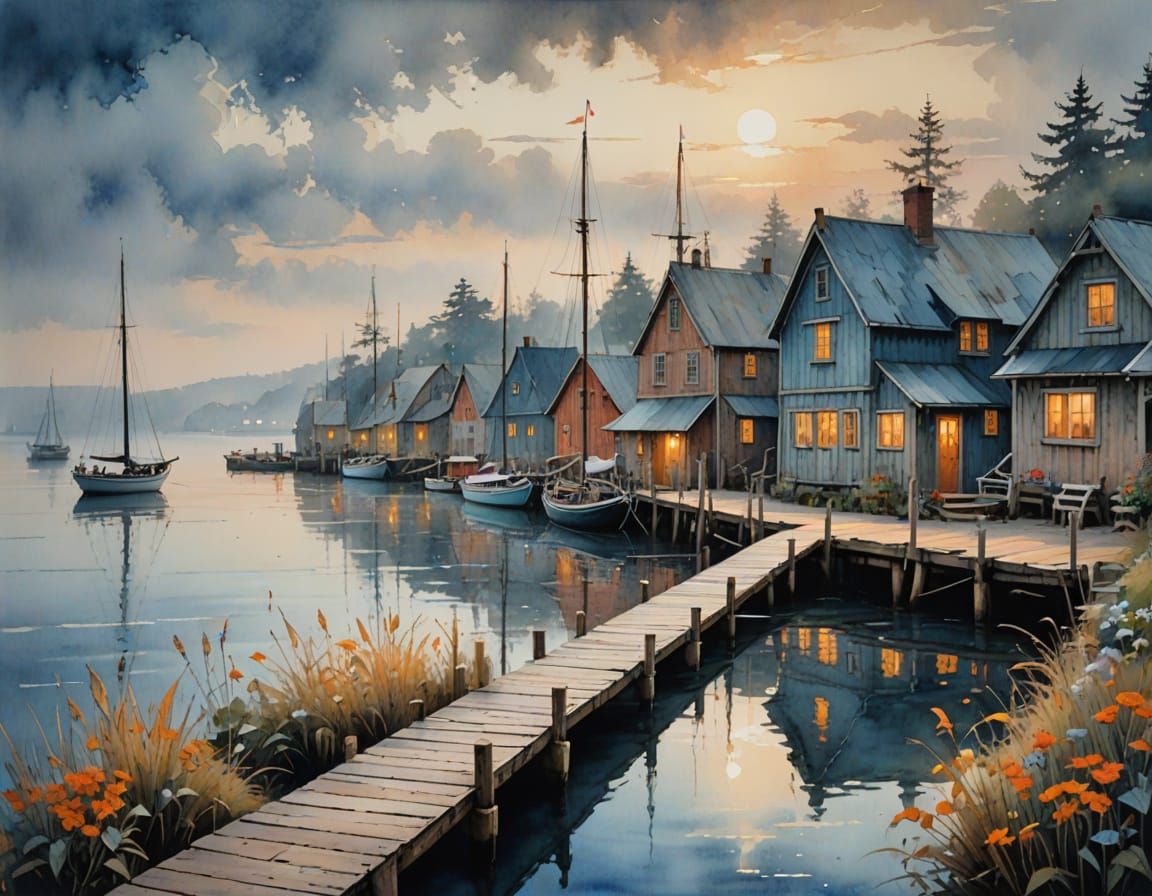 Whimsical North American Coastal Village Watercolor Drawing