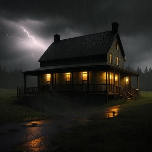 Haunted Inn in Stormy Night: Hand-Drawn Illustration