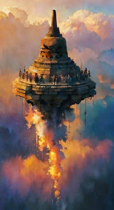 Borobudur Temple at Summer Solstice: Impressionistic Digital...