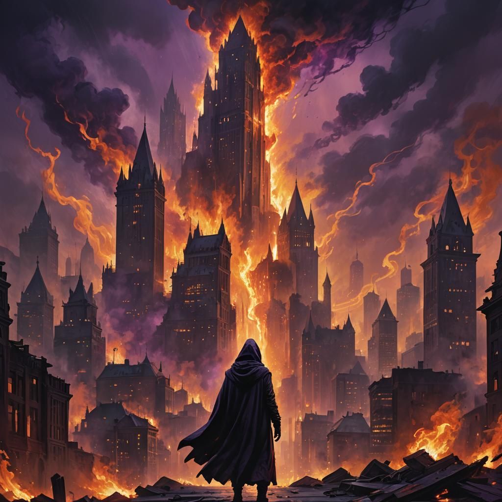 Hooded Figure Amid Burning Cityscape, Dark Fantasy Art