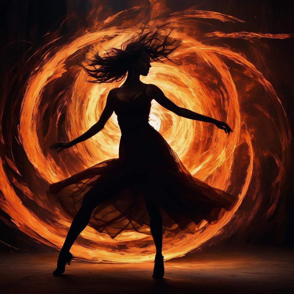 Ethereal Silhouette: Dancing Girl in Abstract Fire Energy