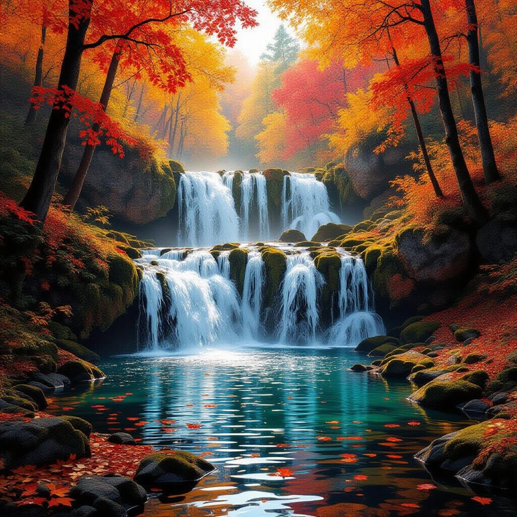 Vibrant Autumn Waterfall in Abstract Art Style