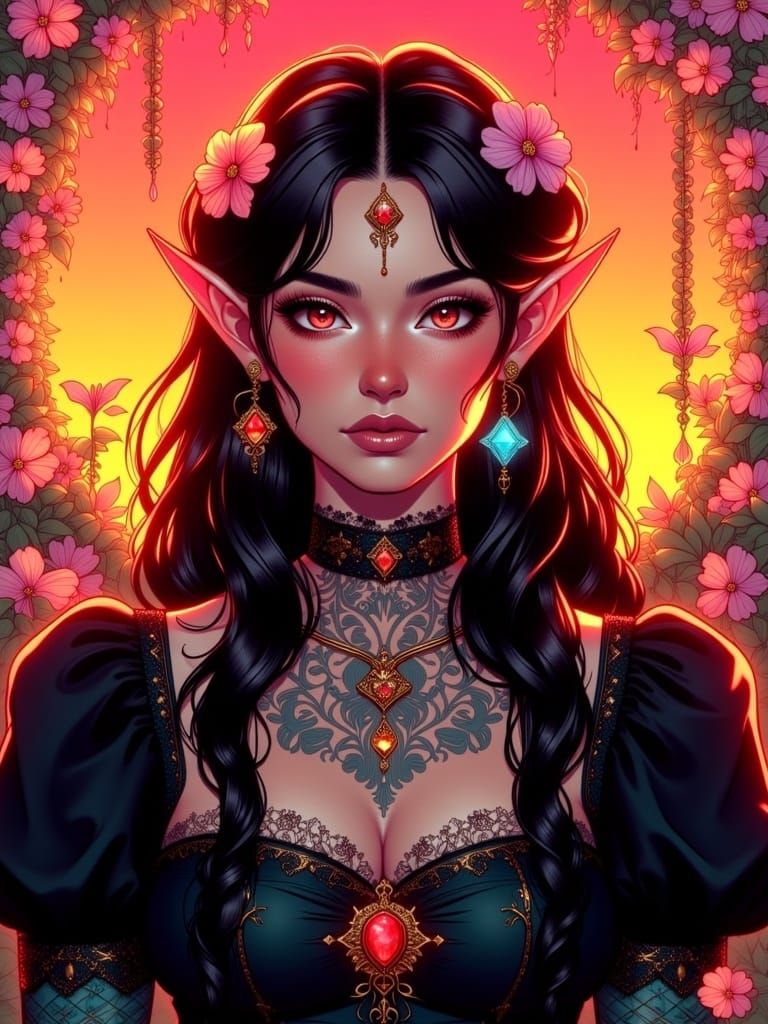 Freckled Woman Warrior at Overgrown Sunrise in Comicbook Sty...