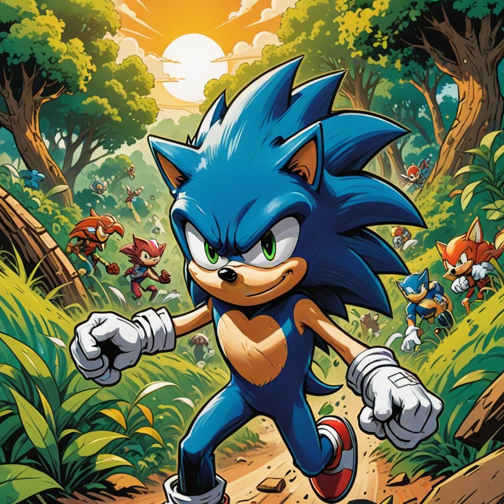 Vibrant Sonic the Hedgehog in Lush Green Hill Zone Comic Boo...