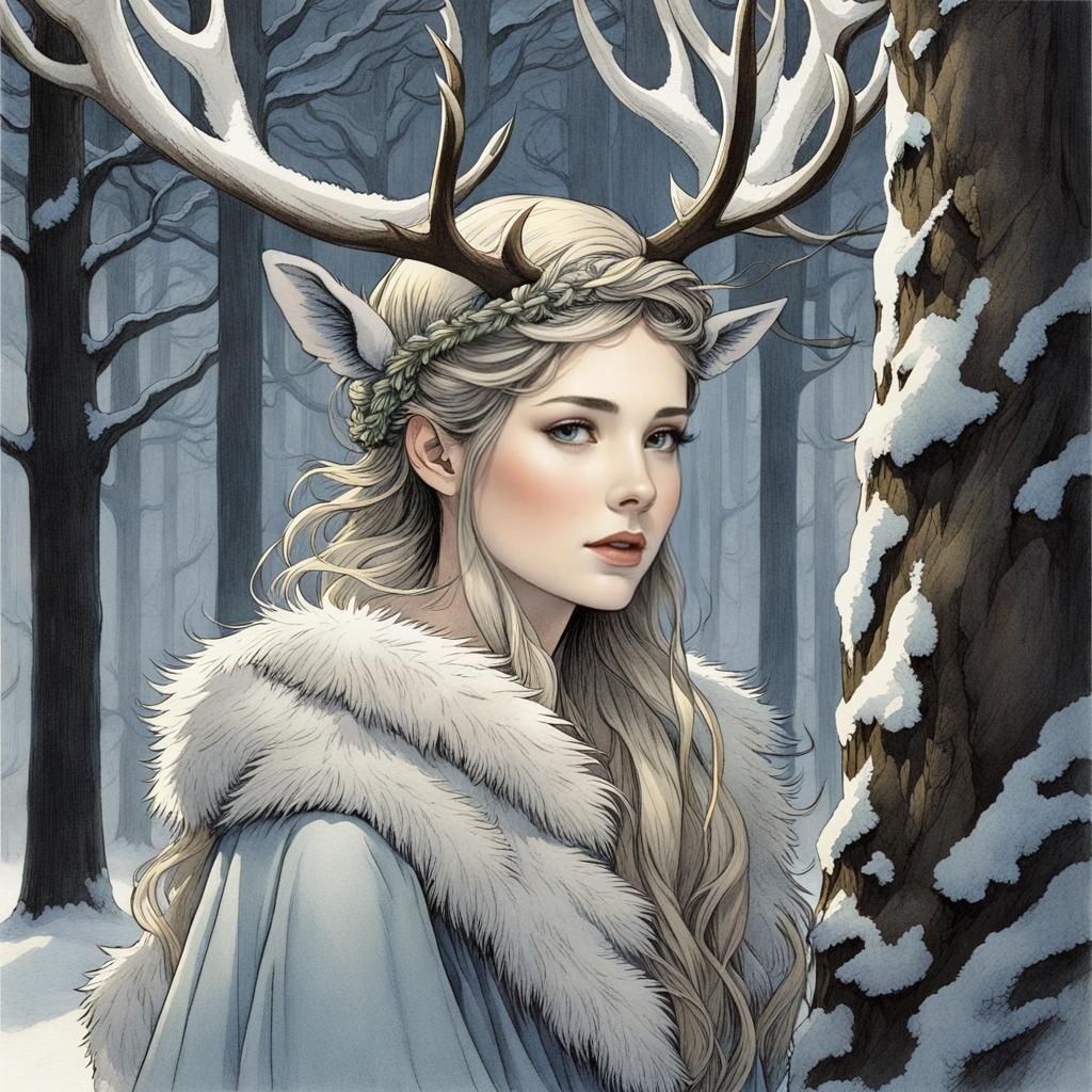 Reindeer Woman in Winter Forest Illustration