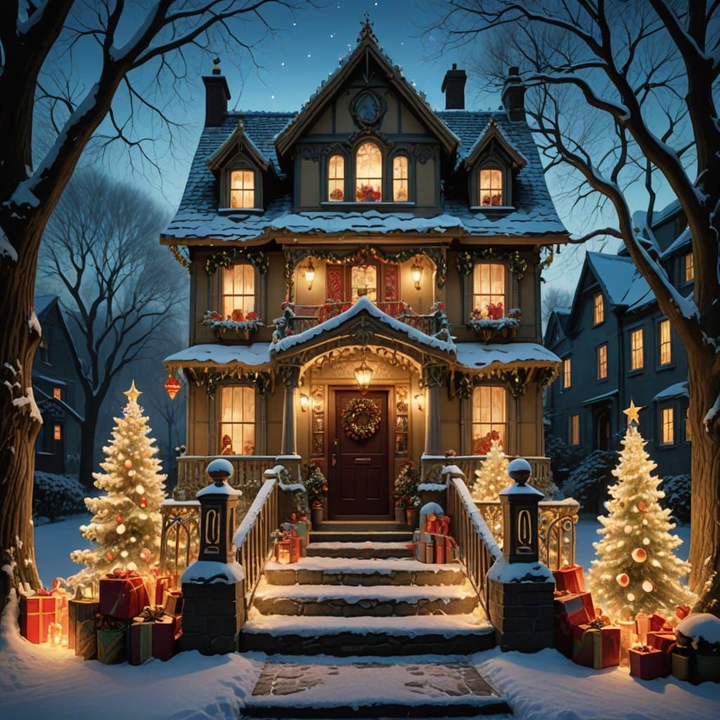 Surrealist Victorian Christmas Wonderland in Dreamlike Hues