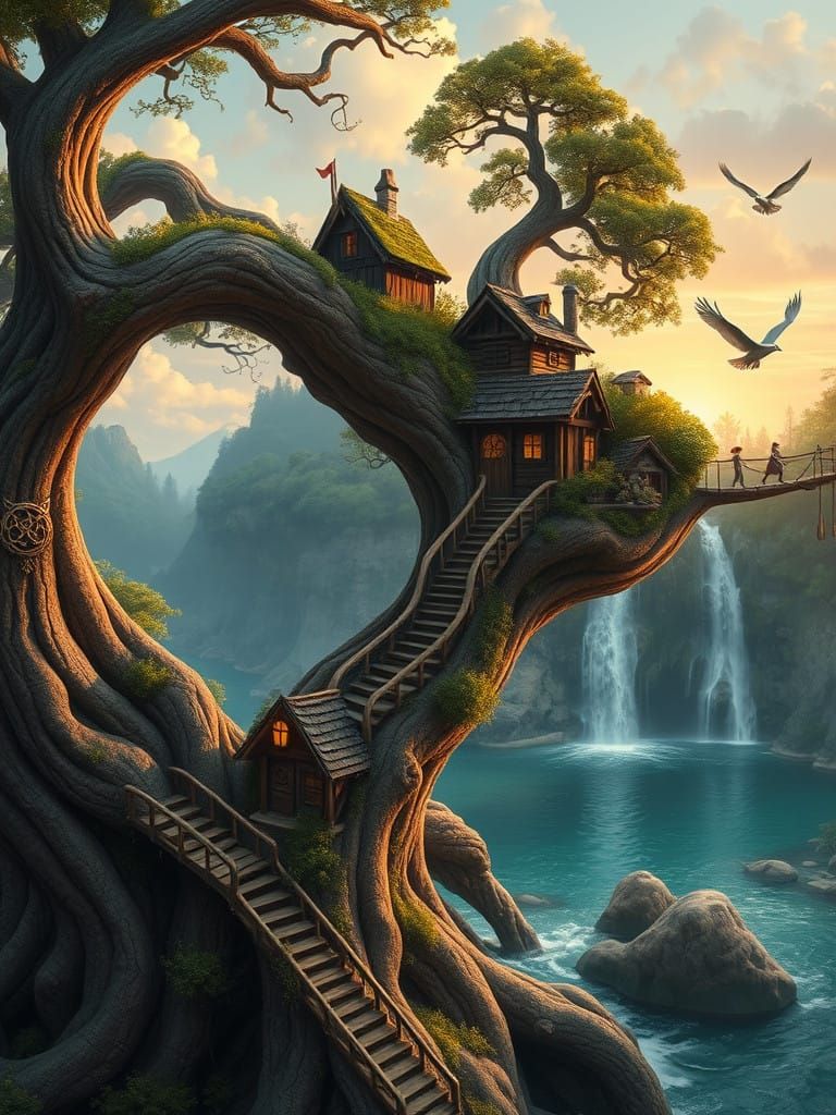 Whimsical Forest Village Amidst Ancient Tree Roots