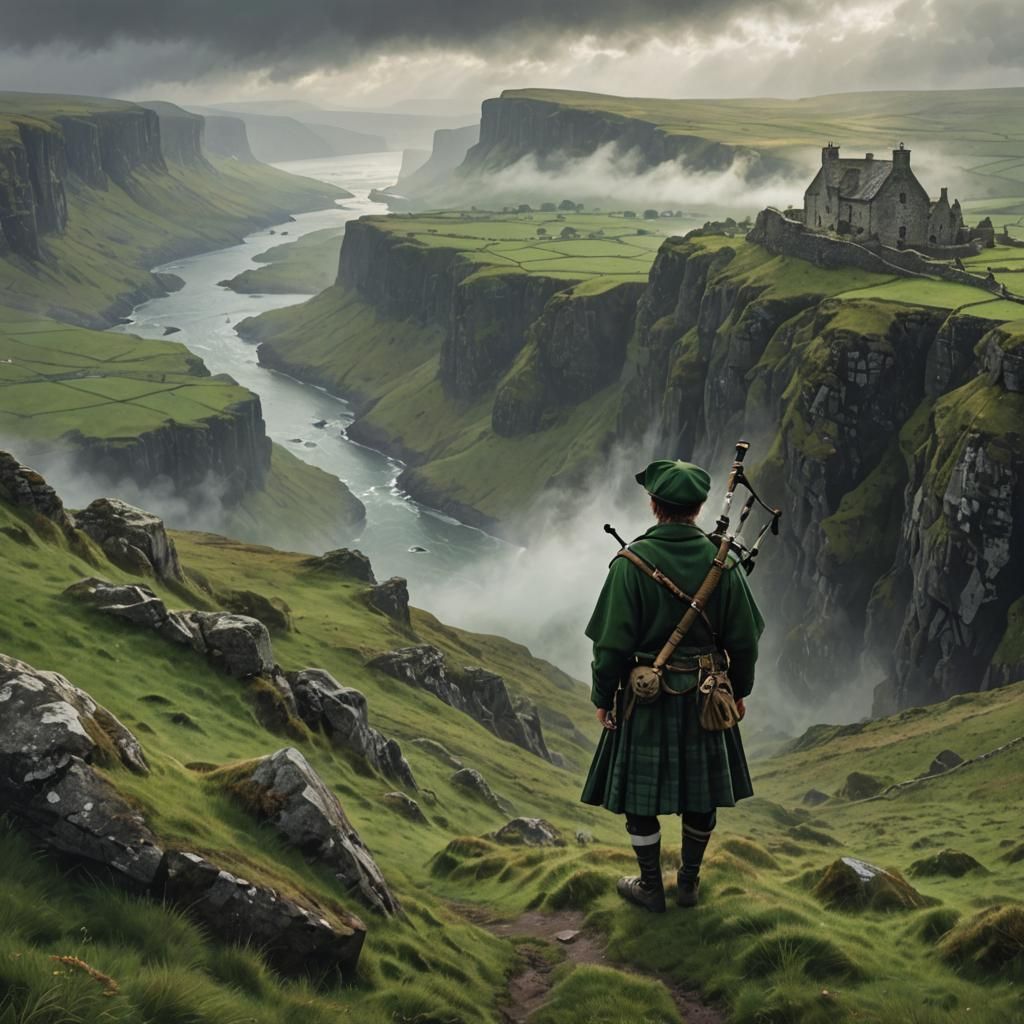 Lone Piper on Emerald Cliffs Under Aurora Borealis