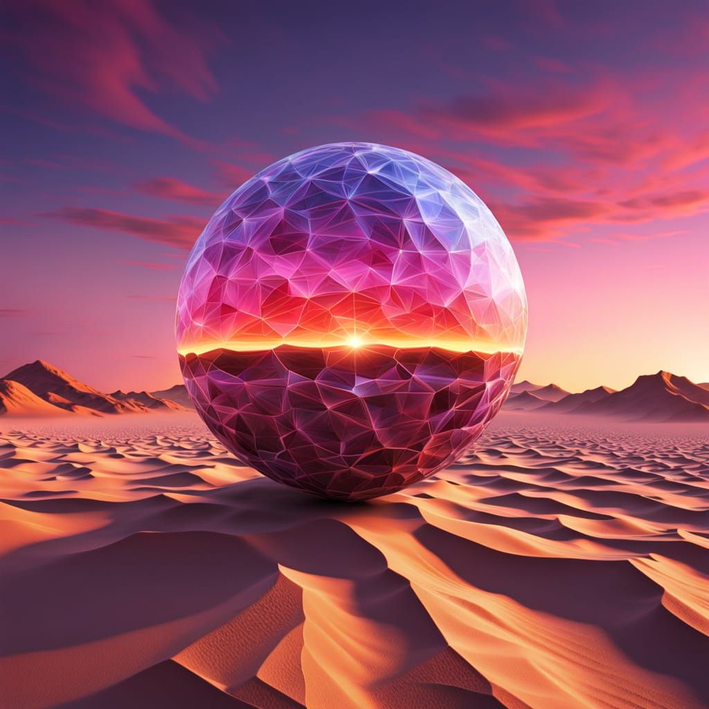 Crystalline Orb Floating Over Desert at Twilight