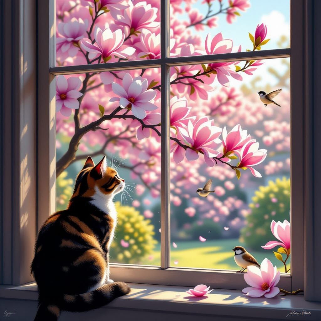 Cat Gazes Longingly at Sparrows from Window in Southern Gard...