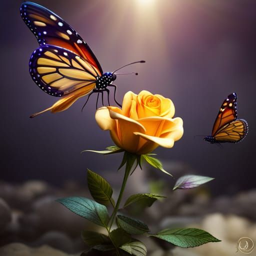 Golden Rose with Monarch Butterfly, Detailed Matte Painting