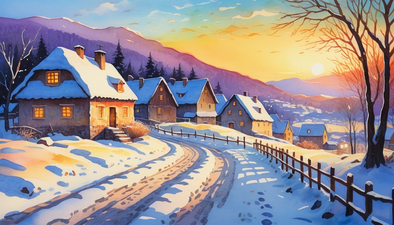 Snowy Village Path: Impressionist Gouache Painting
