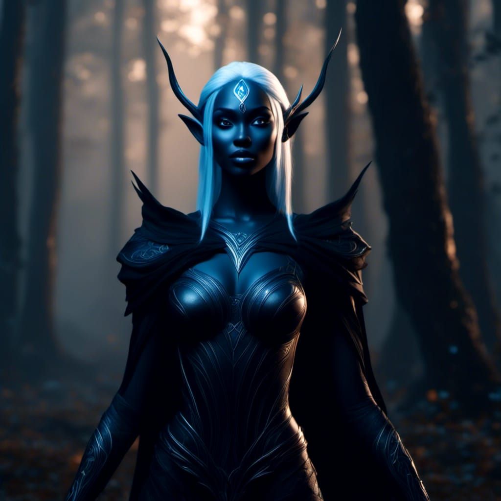 Female drow elf witch with skin of a matte black so dark it seems to be a shadow of itself, in dark forest <lora:Gridrun...