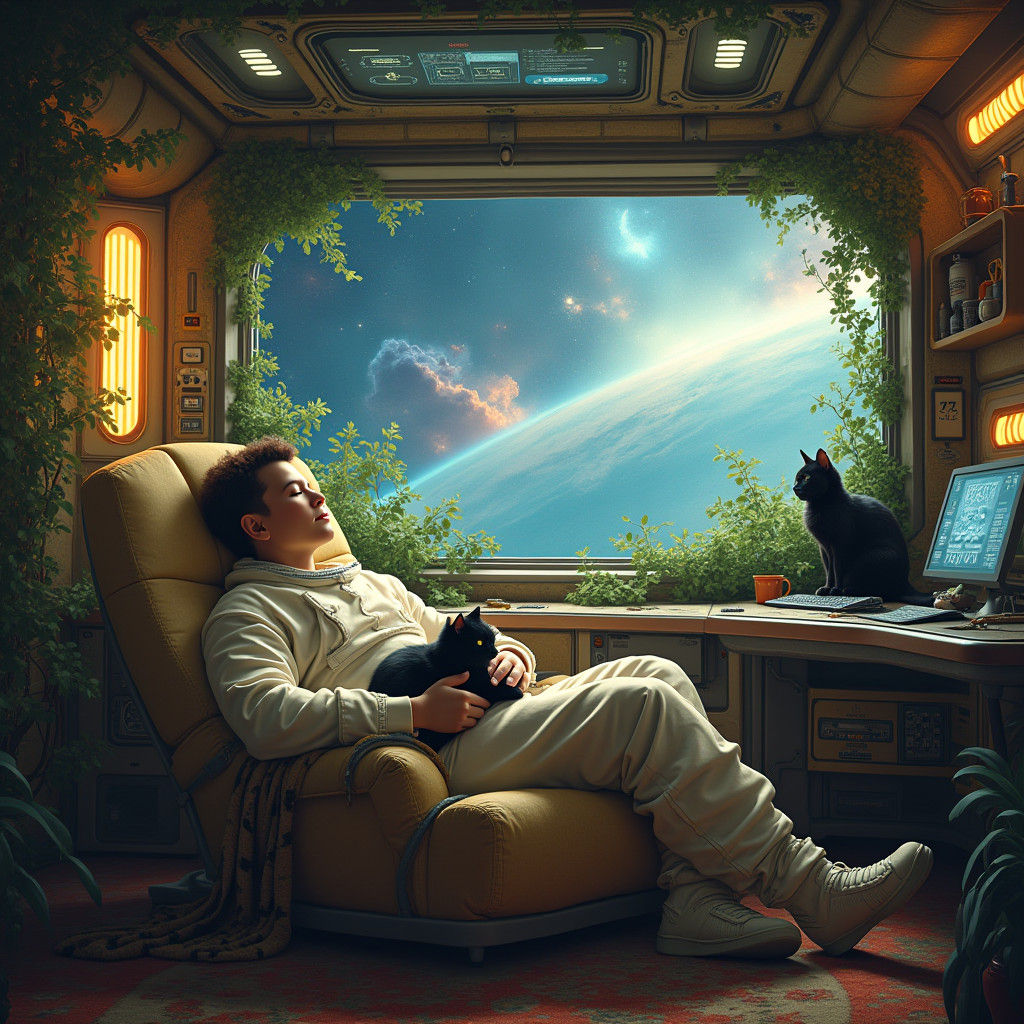 Astronaut's Tranquil Space Escape with Feline Friend